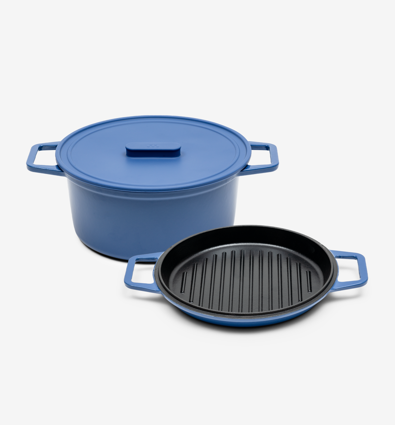 Blue enameled cast iron dutch oven with lid and matching grill pan set