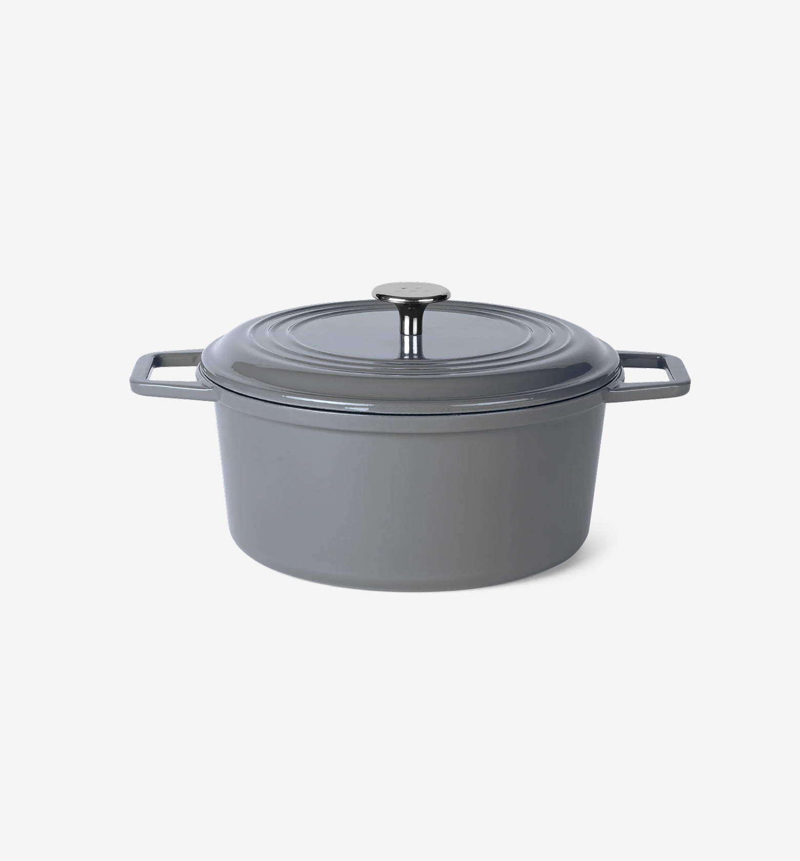 Grey enameled cast iron Dutch oven with lid and dual handles
